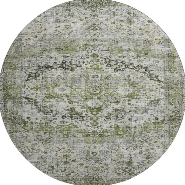 HomeRoots 8' Timeless Artichoke Green Oriental Washable Round Rug with UV Protection for Busy Homes 700262