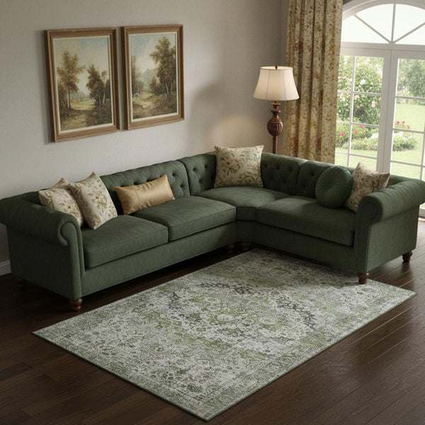 HomeRoots 9' X 12' Artichoke Green Gray Charcoal Oriental Area Rug - Washable, Durable, UV Protected for Homes 700264