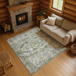 HomeRoots 10' X 14' Artichoke Green Gray Charcoal Oriental Area Rug - Washable, UV Protected for Busy Homes 700265