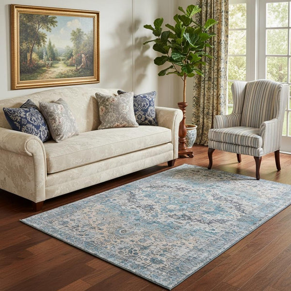 HomeRoots 5' X 8' Washable Blue Beige Teal Oriental Area Rug with UV Protection – Stylish & Durable Design 700267