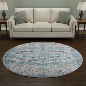 HomeRoots 8' Elegant Blue Beige Teal Oriental Round Rug – Washable, UV Protected, Stain Resistant & Durable 700268