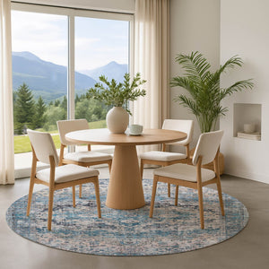 HomeRoots 8' Elegant Blue Beige Teal Oriental Round Rug – Washable, UV Protected, Stain Resistant & Durable 700268