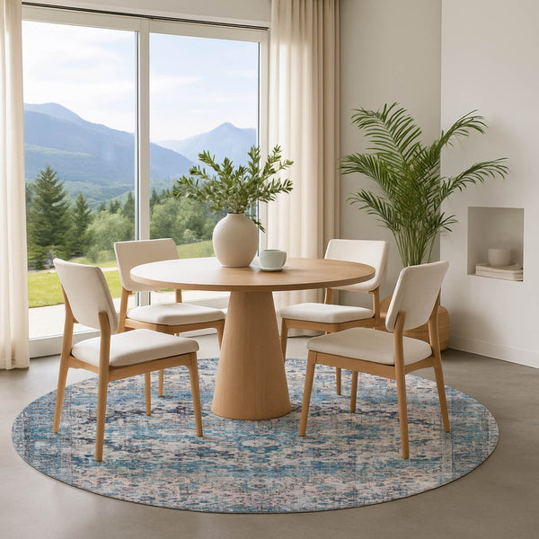 HomeRoots 8' Elegant Blue Beige Teal Oriental Round Rug – Washable, UV Protected, Stain Resistant & Durable 700268