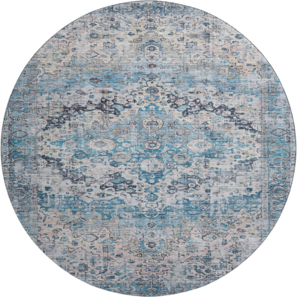 HomeRoots 8' Elegant Blue Beige Teal Oriental Round Rug – Washable, UV Protected, Stain Resistant & Durable 700268