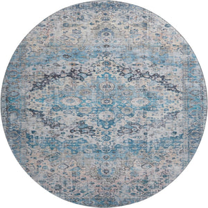 HomeRoots 8' Elegant Blue Beige Teal Oriental Round Rug – Washable, UV Protected, Stain Resistant & Durable 700268