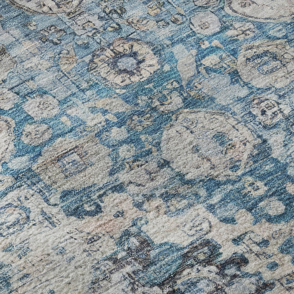 HomeRoots 8' Elegant Blue Beige Teal Oriental Round Rug – Washable, UV Protected, Stain Resistant & Durable 700268