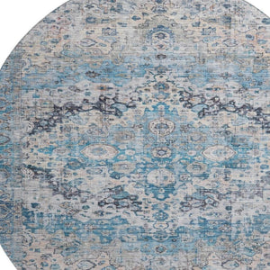 HomeRoots 8' Elegant Blue Beige Teal Oriental Round Rug – Washable, UV Protected, Stain Resistant & Durable 700268