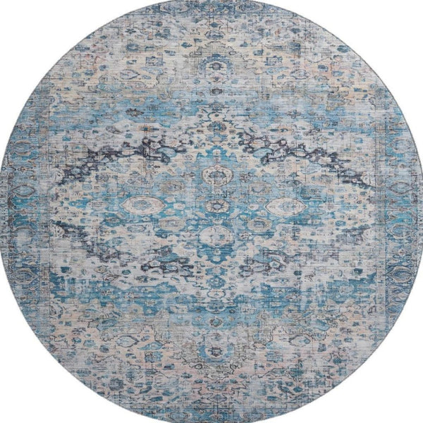 HomeRoots 8' Elegant Blue Beige Teal Oriental Round Rug – Washable, UV Protected, Stain Resistant & Durable 700268