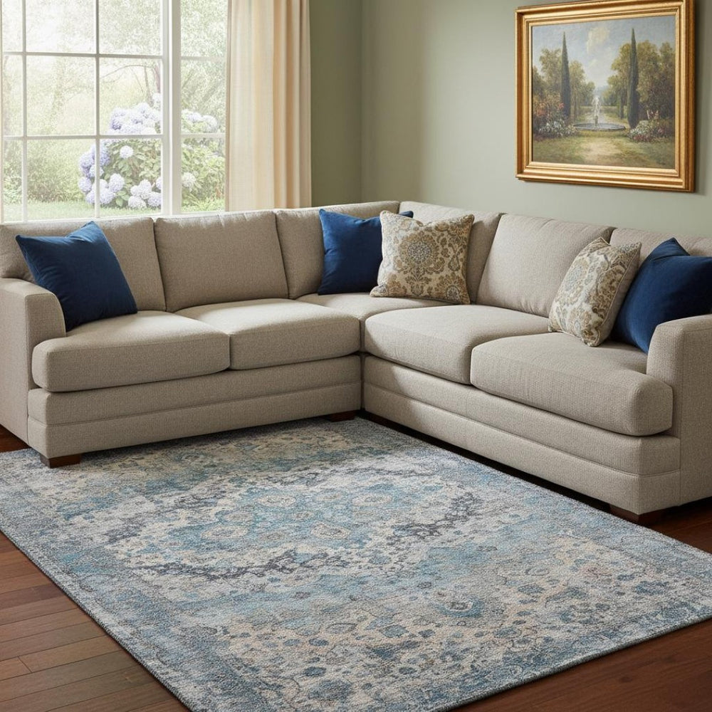 HomeRoots 8' X 10' Stylish Blue, Beige & Teal Oriental Washable Area Rug with UV Protection for High-Traffic Areas 700269