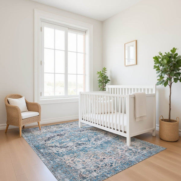 HomeRoots 8' X 10' Stylish Blue, Beige & Teal Oriental Washable Area Rug with UV Protection for High-Traffic Areas 700269