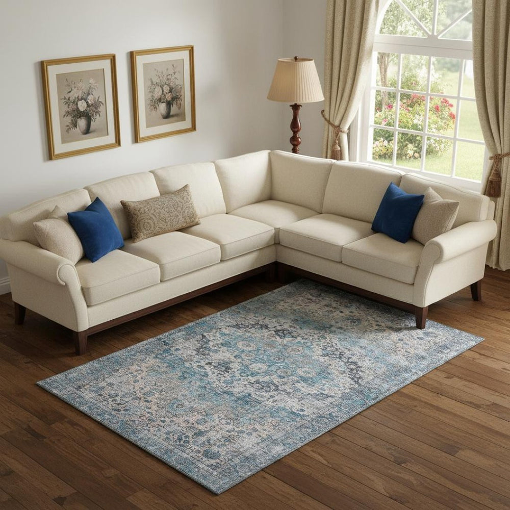 HomeRoots 9' X 12' Washable Blue Beige Teal Oriental Area Rug with UV Protection & Non-Slip Backing for Durability 700270