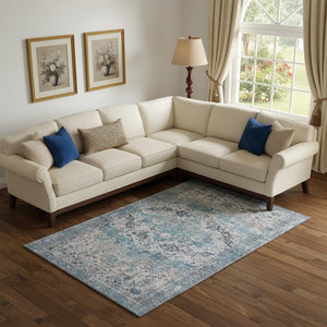 HomeRoots 9' X 12' Washable Blue Beige Teal Oriental Area Rug with UV Protection & Non-Slip Backing for Durability 700270