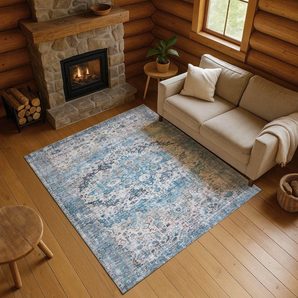 HomeRoots 10' Blue Beige and Teal Oriental Washable Area Rug - Durable, UV Protected for Family Spaces! 700271