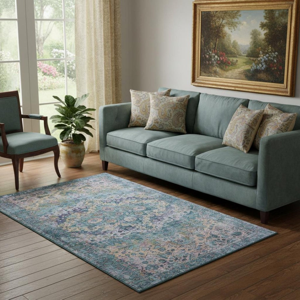 HomeRoots 5' X 8' Washable Denim Blue Beige Wheat Oriental Area Rug - UV Resistant, Stain-Proof, Modern Charm 700273
