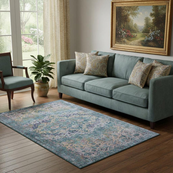 HomeRoots 5' X 8' Washable Denim Blue Beige Wheat Oriental Area Rug - UV Resistant, Stain-Proof, Modern Charm 700273