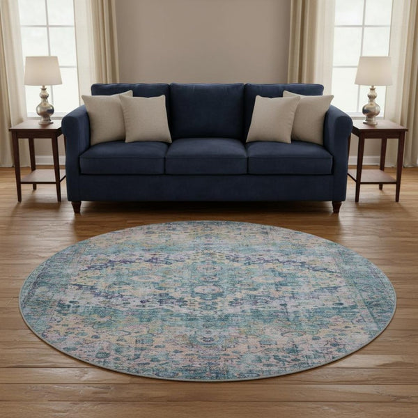 HomeRoots 8' Washable Round Oriental Rug in Denim Blue, Beige & Wheat - Stain Resistant, UV Protected & Stylish 700274