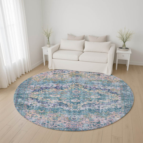 HomeRoots 8' Washable Round Oriental Rug in Denim Blue, Beige & Wheat - Stain Resistant, UV Protected & Stylish 700274