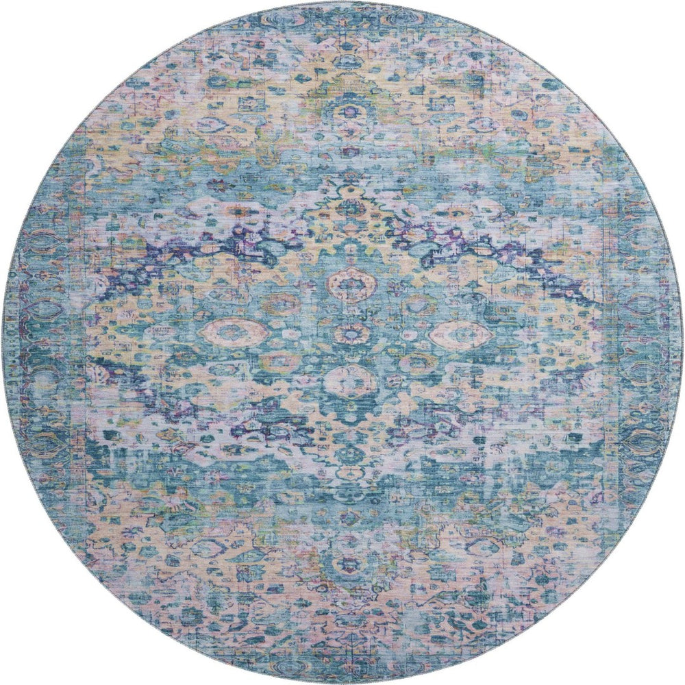 HomeRoots 8' Washable Round Oriental Rug in Denim Blue, Beige & Wheat - Stain Resistant, UV Protected & Stylish 700274