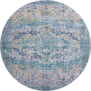 HomeRoots 8' Washable Round Oriental Rug in Denim Blue, Beige & Wheat - Stain Resistant, UV Protected & Stylish 700274