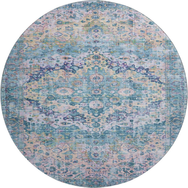 HomeRoots 8' Washable Round Oriental Rug in Denim Blue, Beige & Wheat - Stain Resistant, UV Protected & Stylish 700274