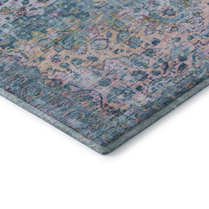 HomeRoots 8' Washable Round Oriental Rug in Denim Blue, Beige & Wheat - Stain Resistant, UV Protected & Stylish 700274