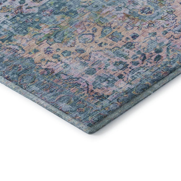 HomeRoots 8' Washable Round Oriental Rug in Denim Blue, Beige & Wheat - Stain Resistant, UV Protected & Stylish 700274