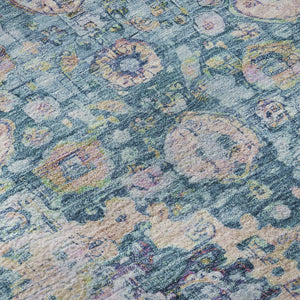 HomeRoots 8' Washable Round Oriental Rug in Denim Blue, Beige & Wheat - Stain Resistant, UV Protected & Stylish 700274
