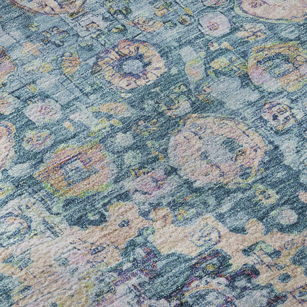 HomeRoots 8' Washable Round Oriental Rug in Denim Blue, Beige & Wheat - Stain Resistant, UV Protected & Stylish 700274