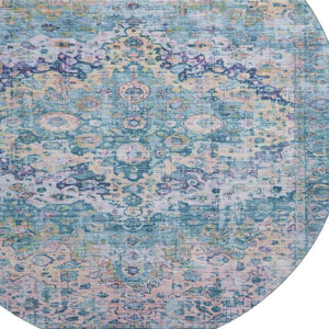 HomeRoots 8' Washable Round Oriental Rug in Denim Blue, Beige & Wheat - Stain Resistant, UV Protected & Stylish 700274