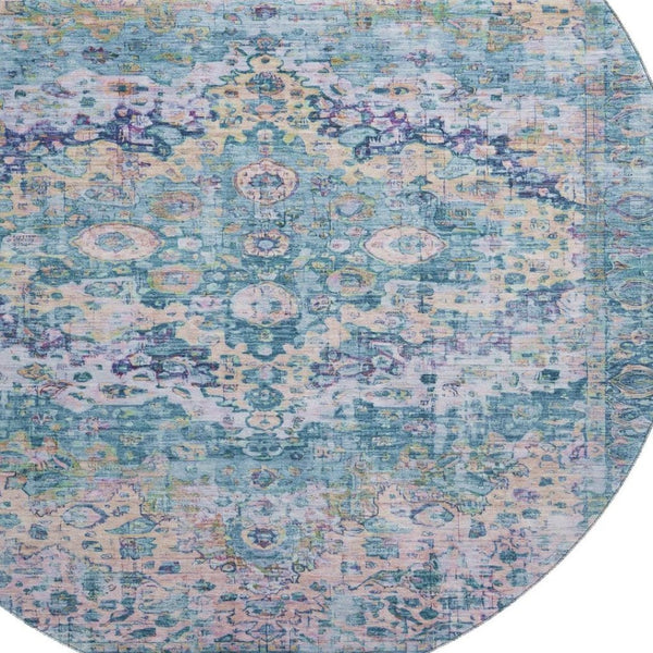 HomeRoots 8' Washable Round Oriental Rug in Denim Blue, Beige & Wheat - Stain Resistant, UV Protected & Stylish 700274