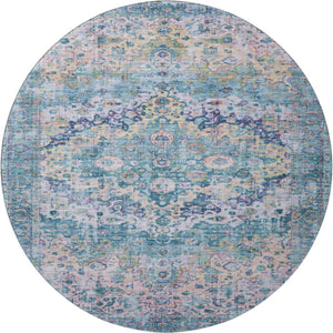 HomeRoots 8' Washable Round Oriental Rug in Denim Blue, Beige & Wheat - Stain Resistant, UV Protected & Stylish 700274