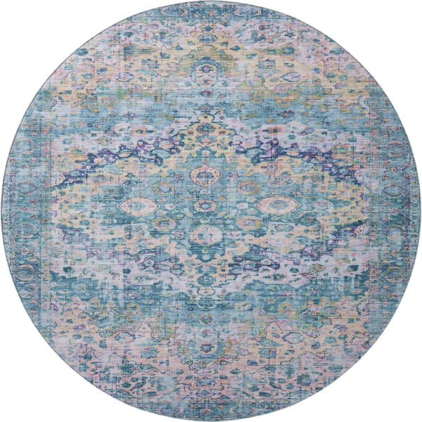 HomeRoots 8' Washable Round Oriental Rug in Denim Blue, Beige & Wheat - Stain Resistant, UV Protected & Stylish 700274