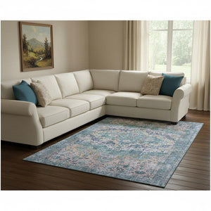 HomeRoots 8' X 10' Washable Denim Blue Beige Wheat Oriental Area Rug - UV Protected, Stain-Resistant & Durable 700275