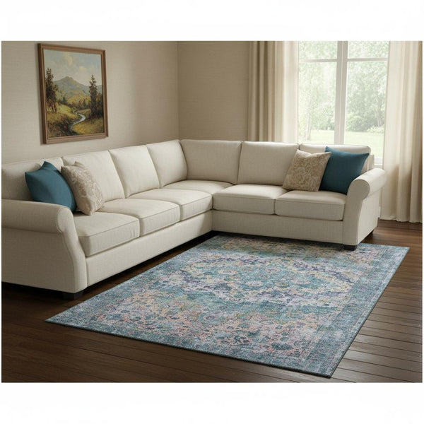 HomeRoots 8' X 10' Washable Denim Blue Beige Wheat Oriental Area Rug - UV Protected, Stain-Resistant & Durable 700275