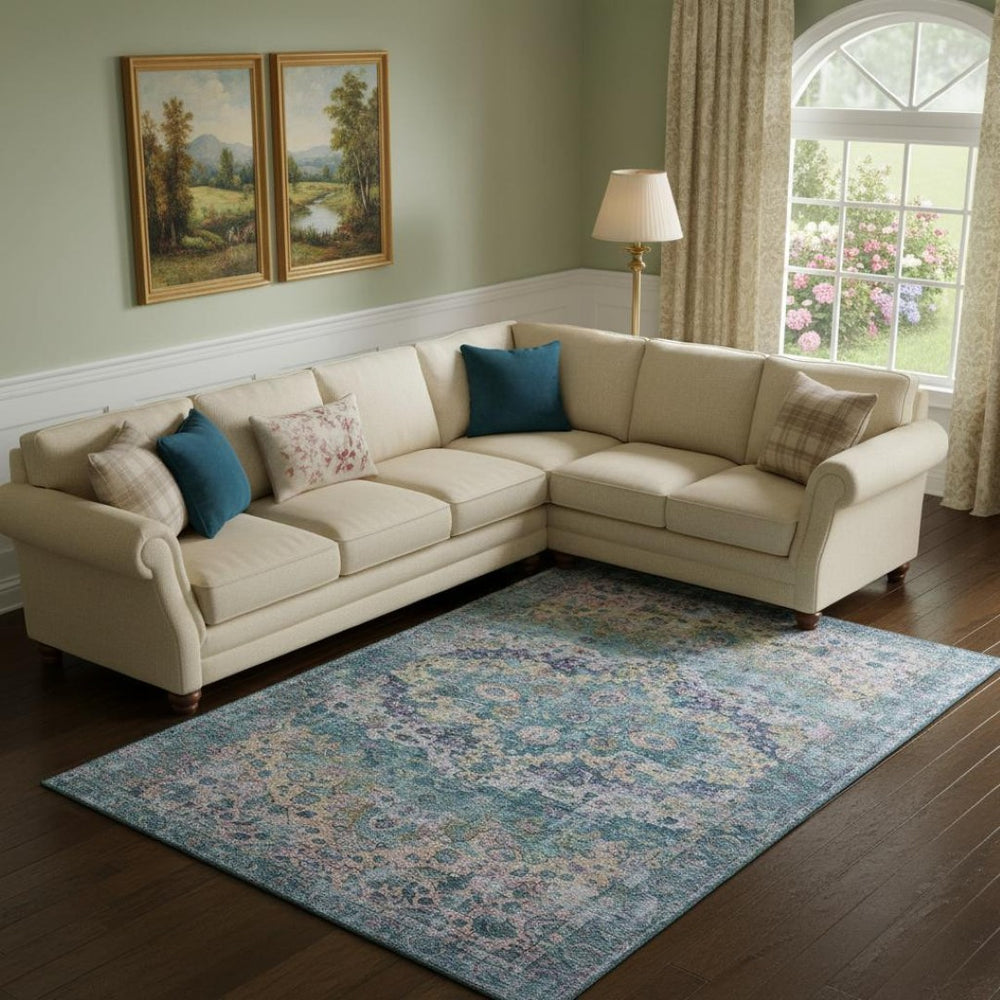 HomeRoots 9' X 12' Denim Blue and Beige Washable Oriental Area Rug - UV Protected, Durable, Family-Friendly Comfort 700276
