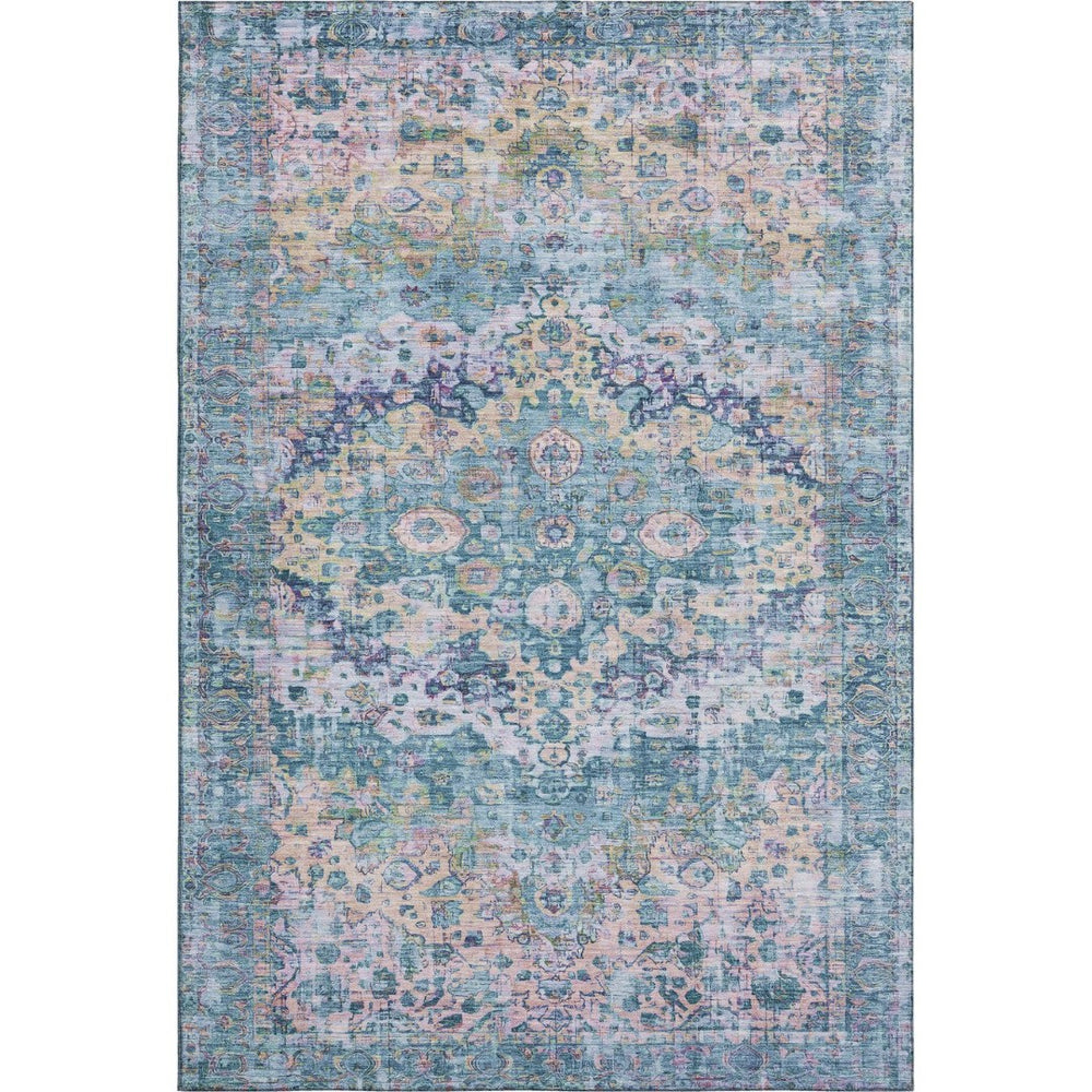 HomeRoots 9' X 12' Denim Blue and Beige Washable Oriental Area Rug - UV Protected, Durable, Family-Friendly Comfort 700276