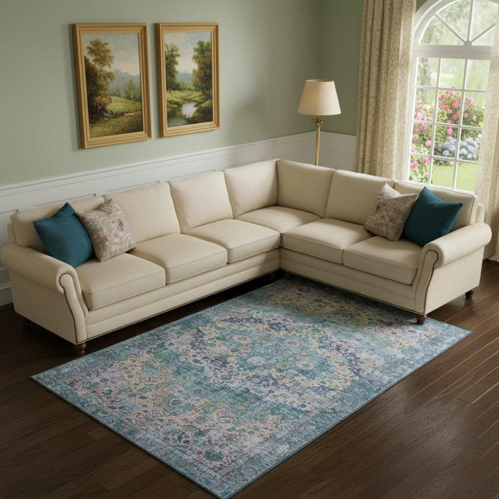 HomeRoots 10' X 14' Denim Blue Beige Wheat Area Rug - Stylish, Washable, Stain Resistant with UV Protection! 700277