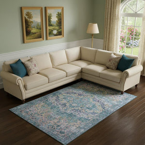 HomeRoots 10' X 14' Denim Blue Beige Wheat Area Rug - Stylish, Washable, Stain Resistant with UV Protection! 700277