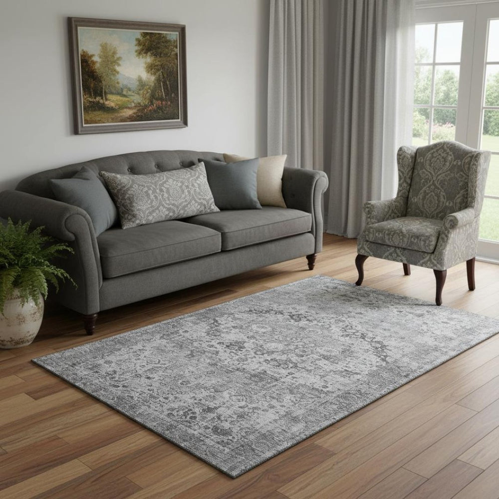 HomeRoots 5' X 8' Gray and Silver Oriental Area Rug - Washable, UV Protected, Stain Resistant for Modern Homes 700279