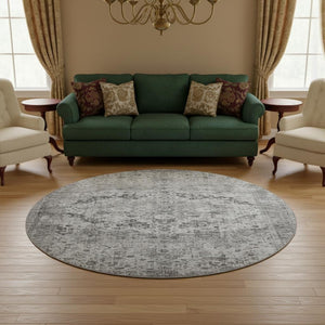 HomeRoots 8' Gray and Silver Oriental Round Rug – Washable, UV Protected, Stain Resistant, Non-Slip Backing 700280