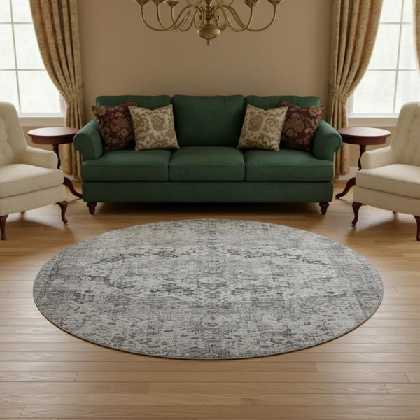 HomeRoots 8' Gray and Silver Oriental Round Rug – Washable, UV Protected, Stain Resistant, Non-Slip Backing 700280