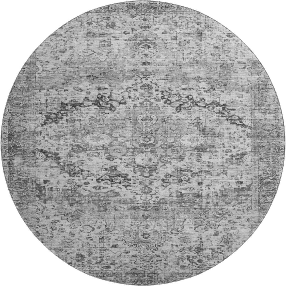 HomeRoots 8' Gray and Silver Oriental Round Rug – Washable, UV Protected, Stain Resistant, Non-Slip Backing 700280