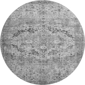 HomeRoots 8' Gray and Silver Oriental Round Rug – Washable, UV Protected, Stain Resistant, Non-Slip Backing 700280