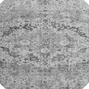 HomeRoots 8' Gray and Silver Oriental Round Rug – Washable, UV Protected, Stain Resistant, Non-Slip Backing 700280
