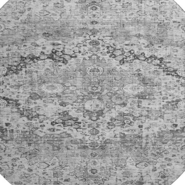 HomeRoots 8' Gray and Silver Oriental Round Rug – Washable, UV Protected, Stain Resistant, Non-Slip Backing 700280