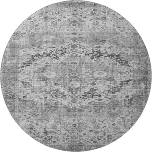 HomeRoots 8' Gray and Silver Oriental Round Rug – Washable, UV Protected, Stain Resistant, Non-Slip Backing 700280