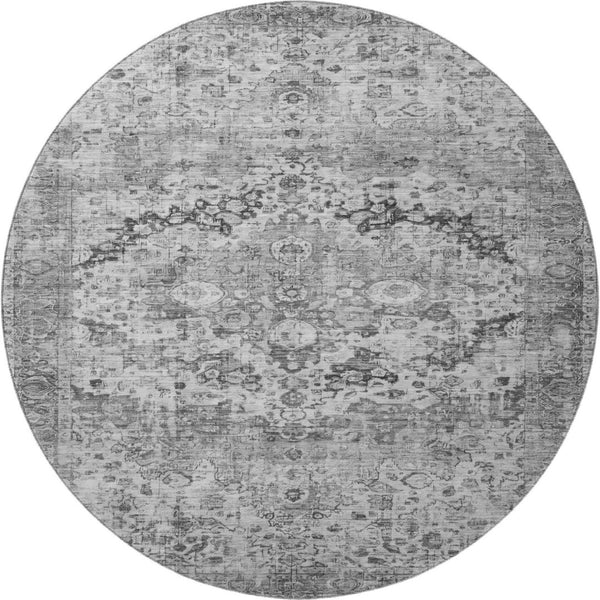 HomeRoots 8' Gray and Silver Oriental Round Rug – Washable, UV Protected, Stain Resistant, Non-Slip Backing 700280