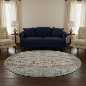 HomeRoots 8' Luxurious Rust & Beige Oriental Washable Round Rug with UV Protection for High-Traffic Areas 700286