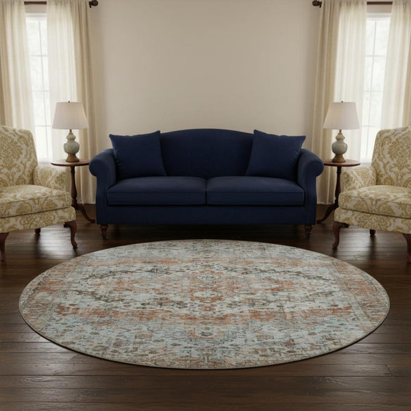 HomeRoots 8' Luxurious Rust & Beige Oriental Washable Round Rug with UV Protection for High-Traffic Areas 700286