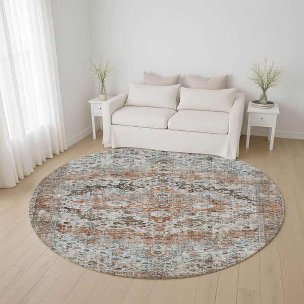 HomeRoots 8' Luxurious Rust & Beige Oriental Washable Round Rug with UV Protection for High-Traffic Areas 700286